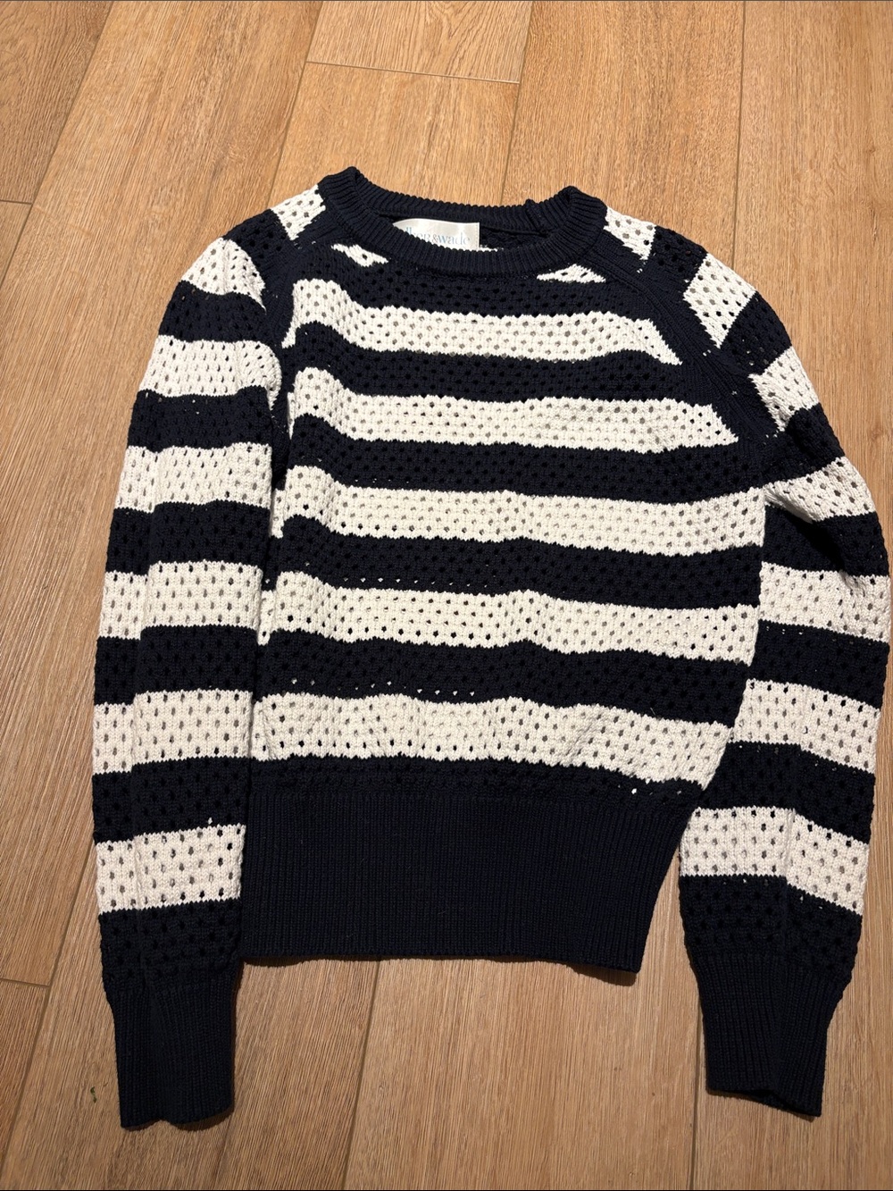 Striped Open-Knit Crewneck Sweater - Navy and White